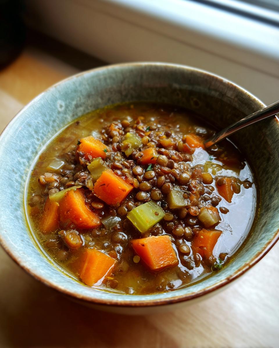 Close-up of a rustic bowl filled with rich, savory lentil soup featuring chunks of carrot and celery.