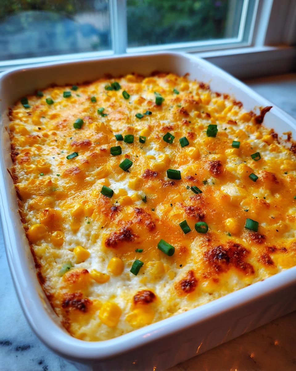 A close-up of hot, baked corn dip topped with melted, browned cheese and fresh green onions.