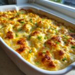 A close-up of a creamy, baked corn dip topped with browned cheese and fresh green onions.