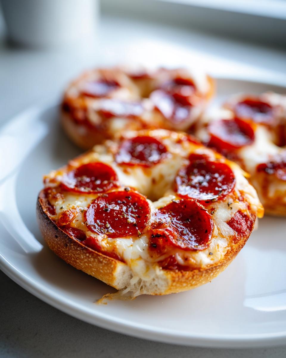 Close-up of a freshly baked pepperoni pizza bagel with melted cheese on a white plate.