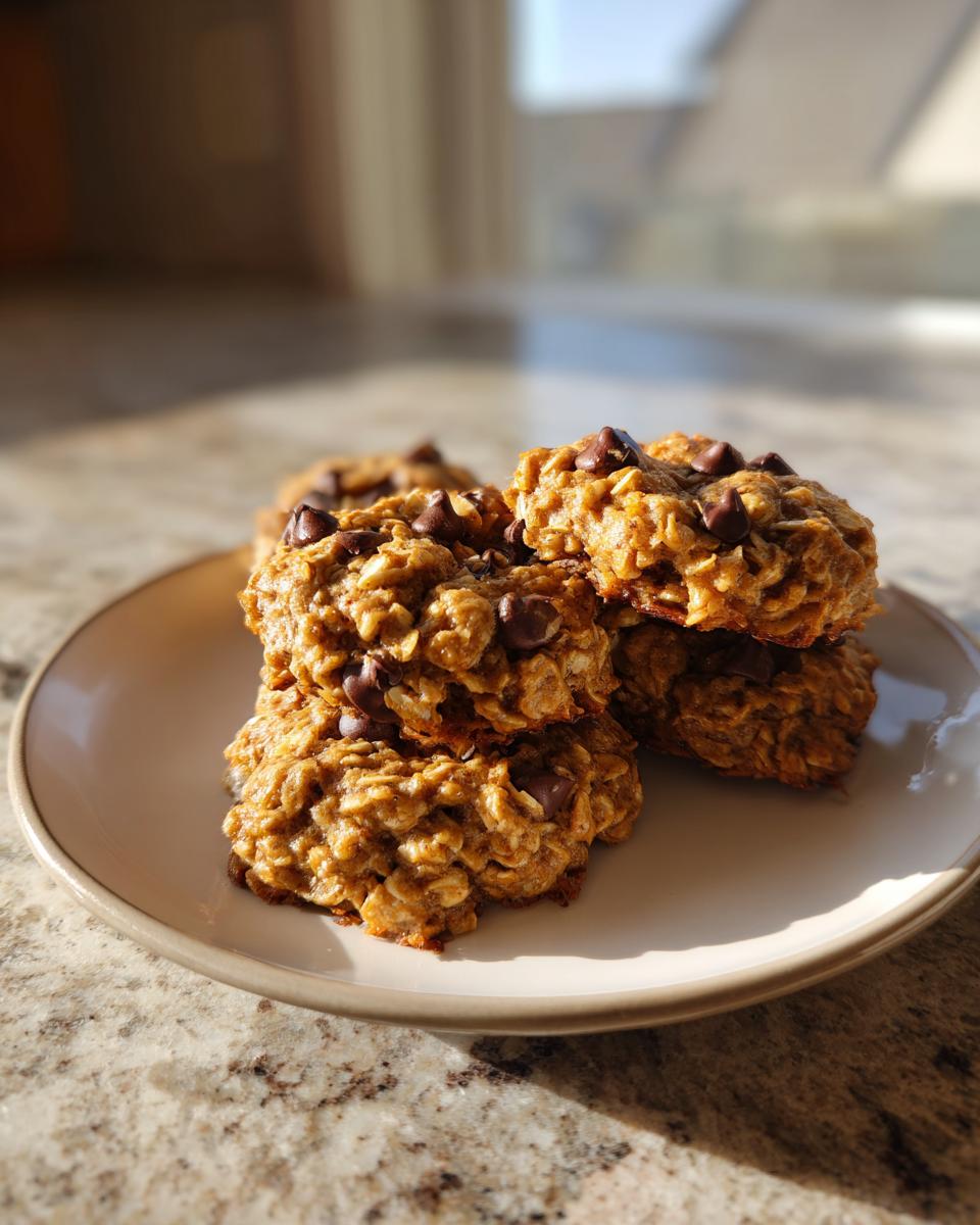 A stack of warm, oatmeal-based breakfast cookie treats topped with chocolate chips on a small plate.