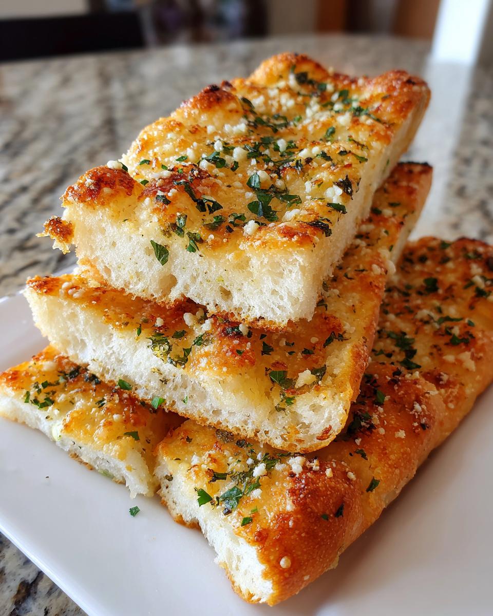 A stack of four thick, fluffy garlic breadsticks topped with melted cheese and fresh parsley.