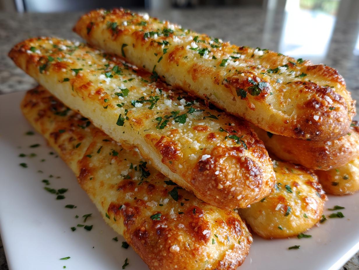 A close-up stack of golden brown, cheesy breadsticks topped with grated Parmesan and fresh parsley.