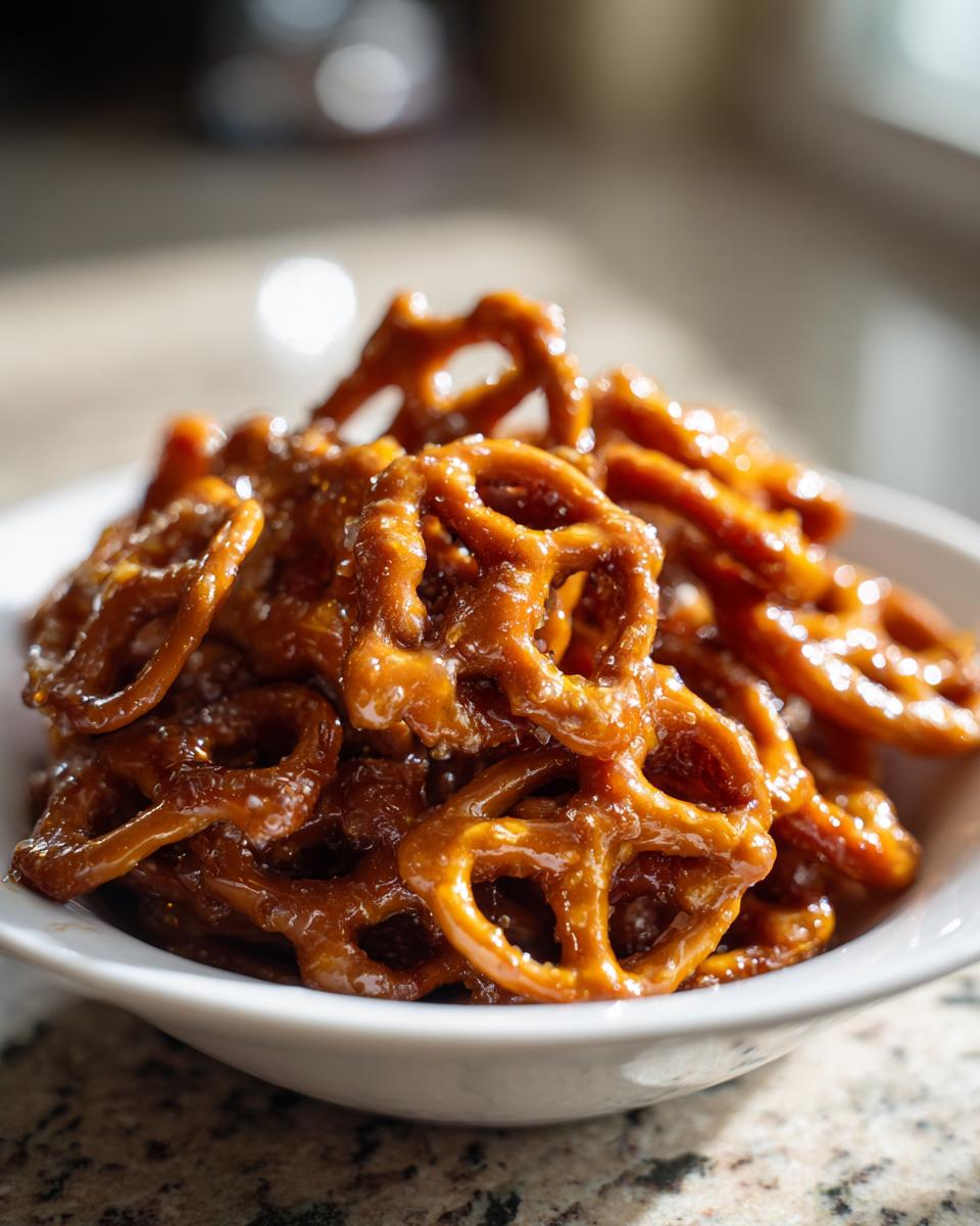 A close-up shot of crunchy pretzels coated heavily in shiny, amber toffee, served in a white bowl. These are amazing toffee pretzels.