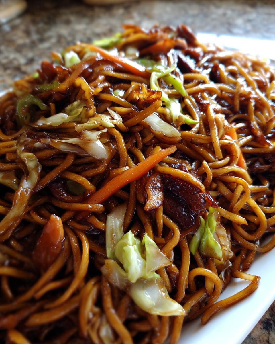 A close-up shot of glossy, dark brown fried noodles mixed with shredded cabbage and carrots.