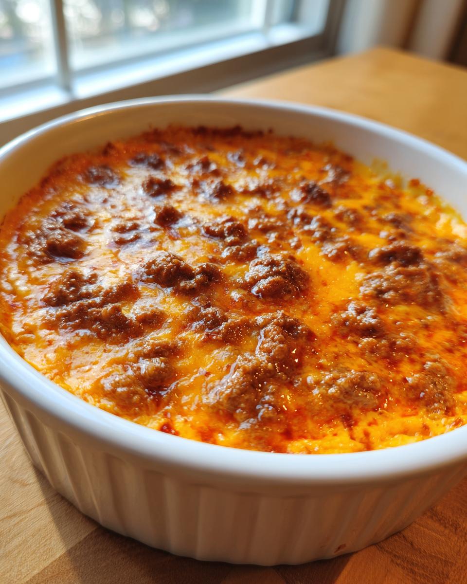 Close-up of a bubbling, cheesy rotel dip topped with seasoned ground meat in a white baking dish.