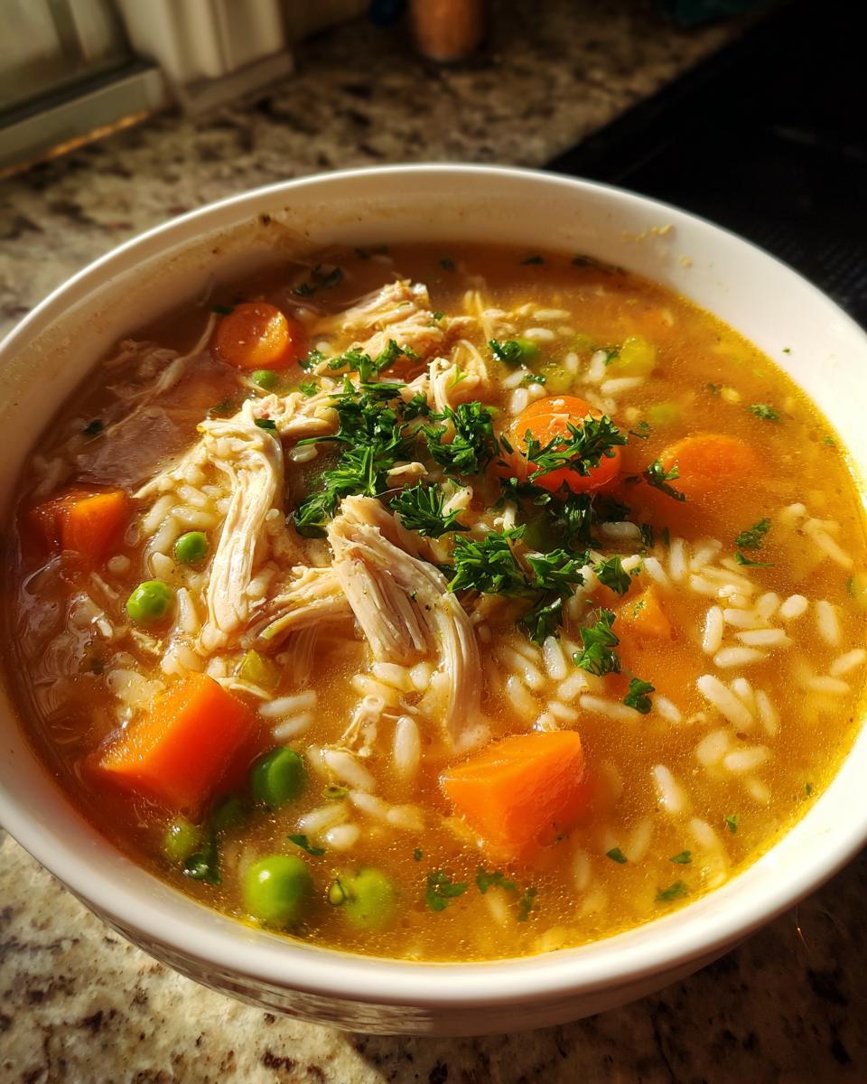 A close-up of a bowl of rich, golden turkey soup filled with shredded turkey, rice, carrots, and peas, garnished with parsley.