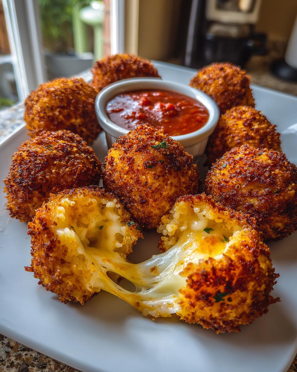 Close-up of crispy, golden brown rice balls, one broken open showing a dramatic cheese pull inside.