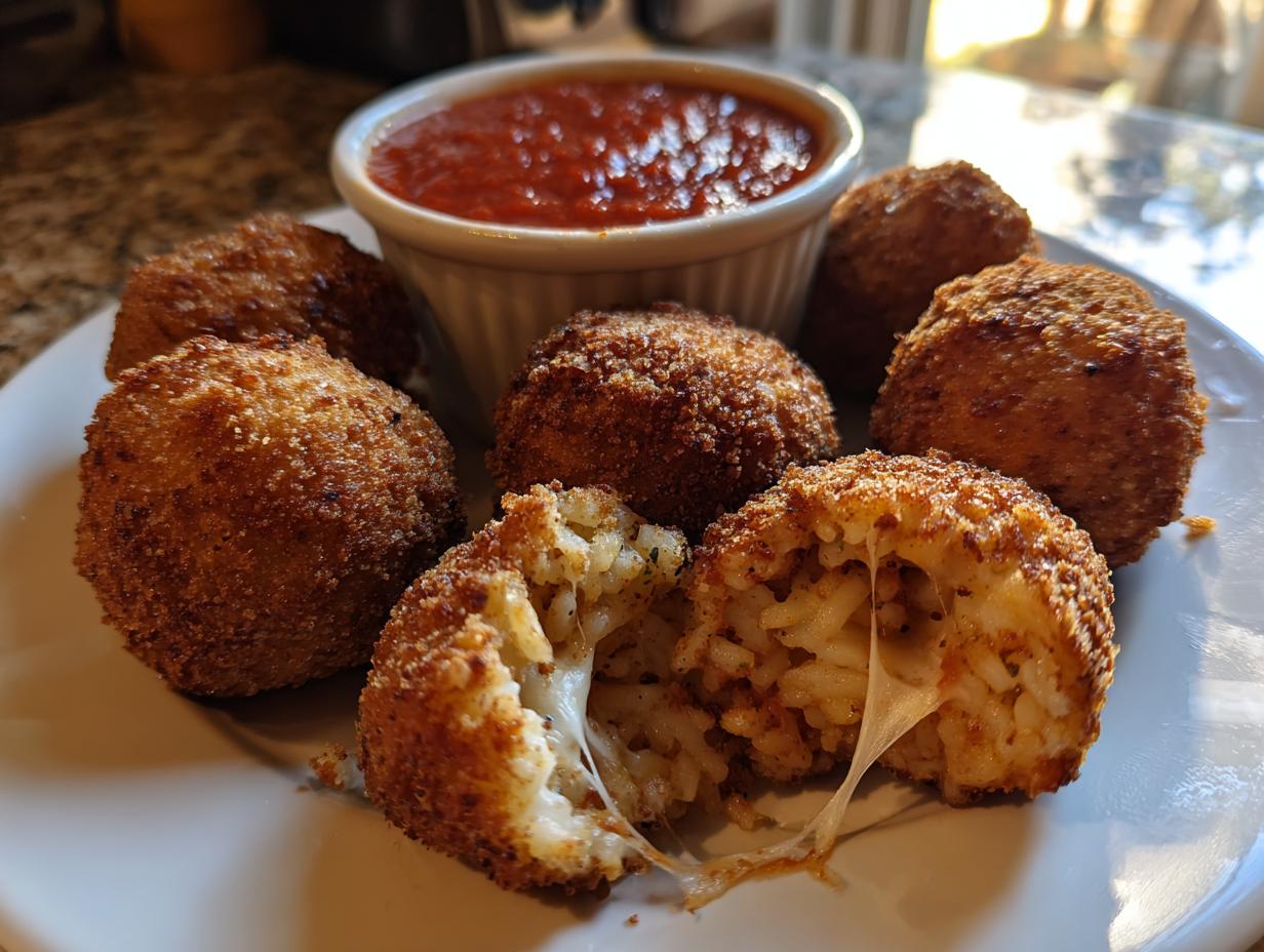 Close-up of several golden brown fried rice balls, one broken open showing melted cheese stretching from the interior.