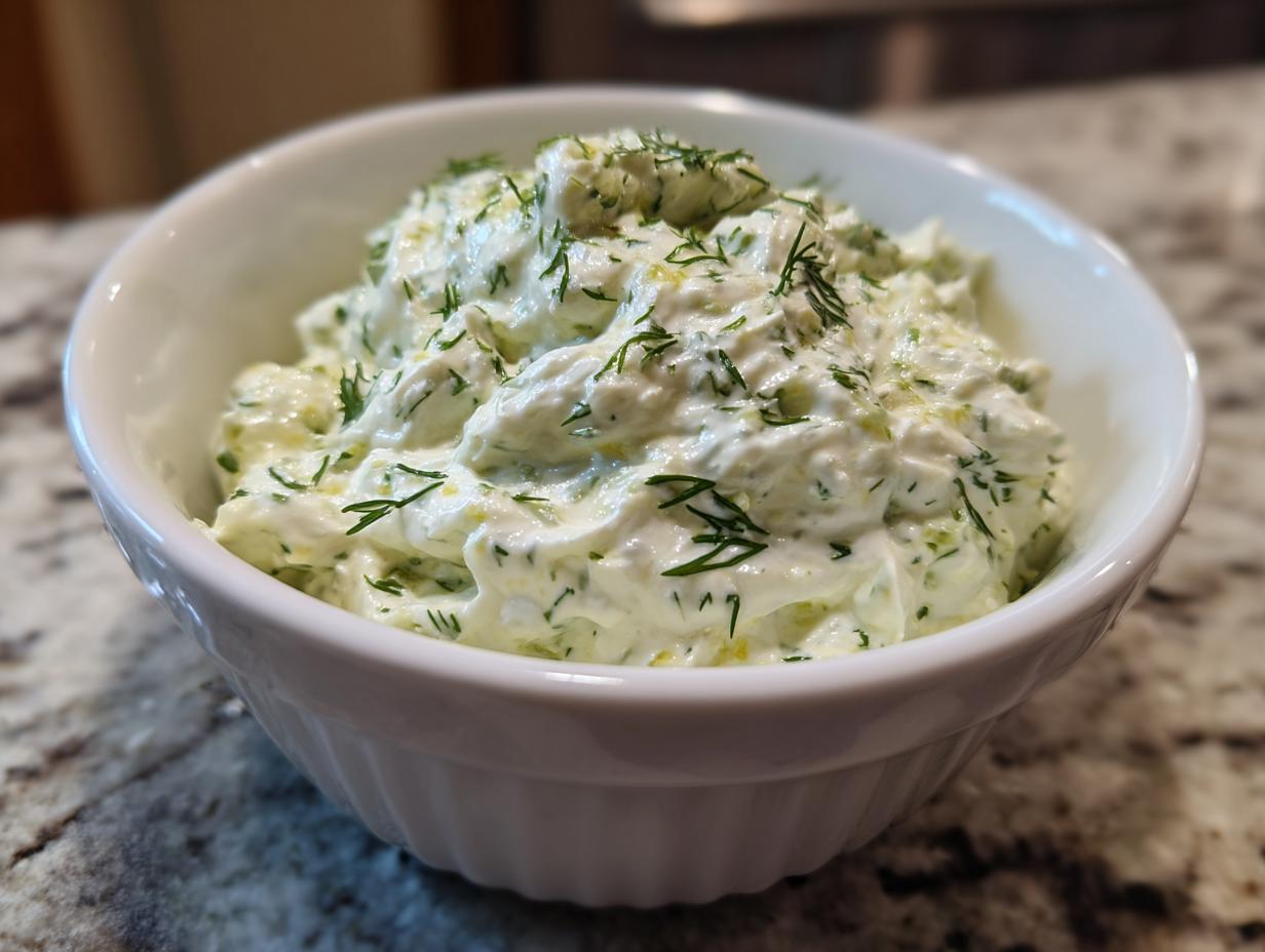 Close-up of a creamy, white dill dip topped generously with fresh dill sprigs in a small white bowl.