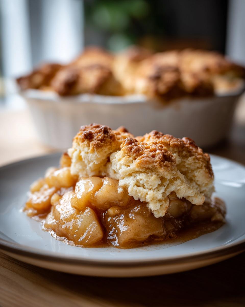 A close-up serving of warm apple cobbler featuring caramelized apples and a golden, crumbly biscuit topping.