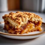 Close-up of a rich, gooey slice of apple cobbler with a thick, crumbly topping.