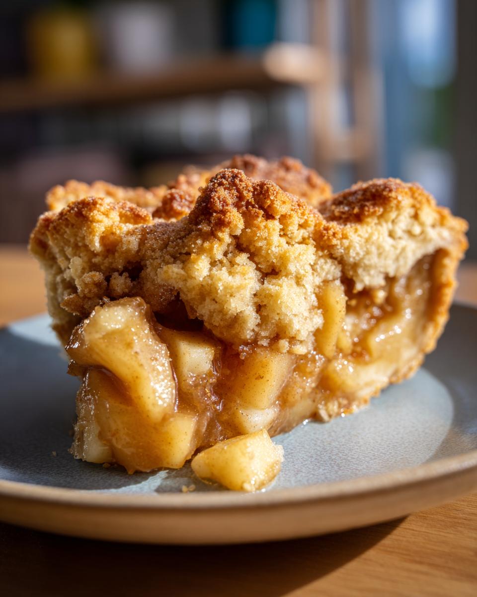 Close-up of a thick slice of apple cobbler showing gooey cinnamon apples and a golden, crumbly topping.