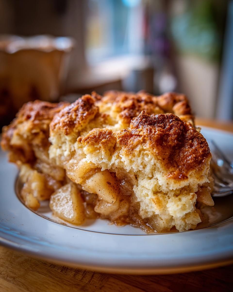 A close-up shot of a warm, golden-brown slice of apple cobbler served on a white plate.