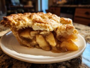 Close-up of a thick slice of amazing apple cobbler showing gooey cinnamon apples and a flaky, golden-brown top crust.