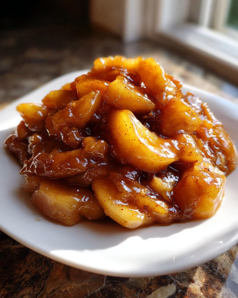 A close-up shot of rich, glossy apple pie filling seasoned with cinnamon, piled on a white plate.