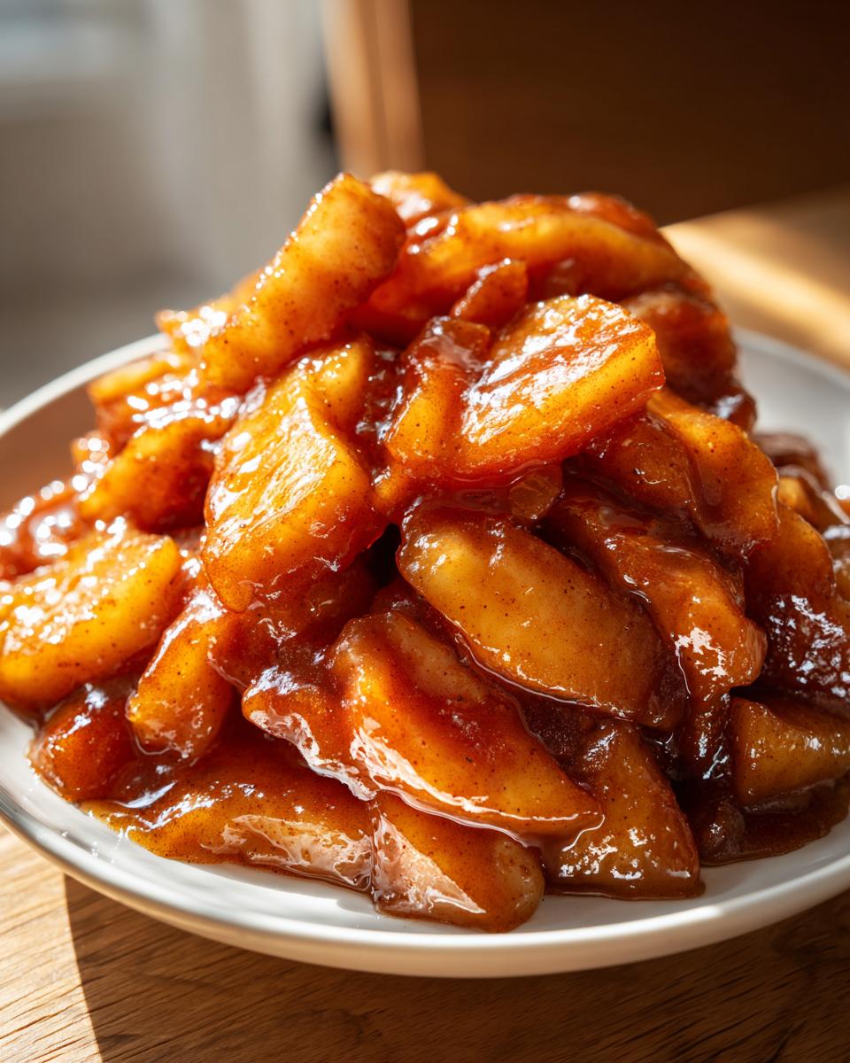 A close-up, appetizing mound of homemade apple pie filling coated in a thick, glossy cinnamon sauce.