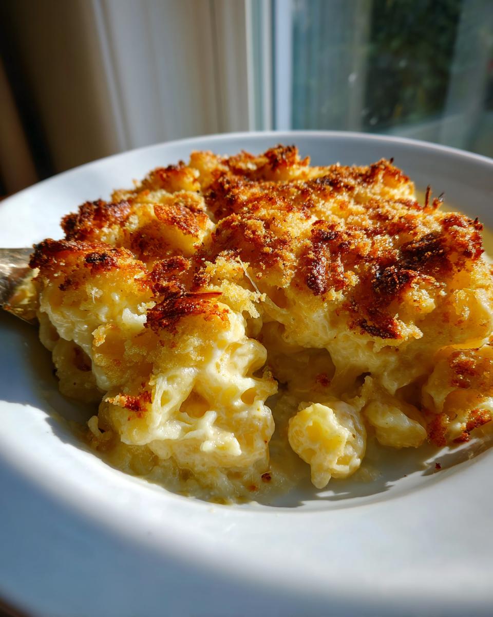 A close-up serving of creamy baked mac and cheese with a golden, crispy breadcrumb topping.