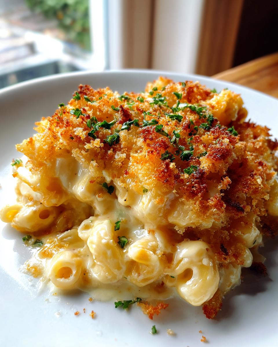 A close-up of a serving of creamy baked mac and cheese with a golden, crispy breadcrumb topping and fresh parsley.