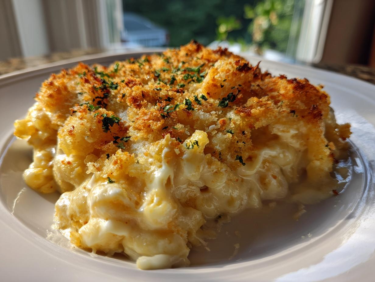 A close-up of a serving of creamy baked mac and cheese with a golden, crunchy breadcrumb topping.