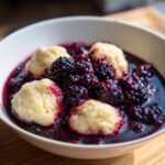 A white bowl filled with warm Blackberry Dumplings swimming in a rich, dark purple blackberry sauce.