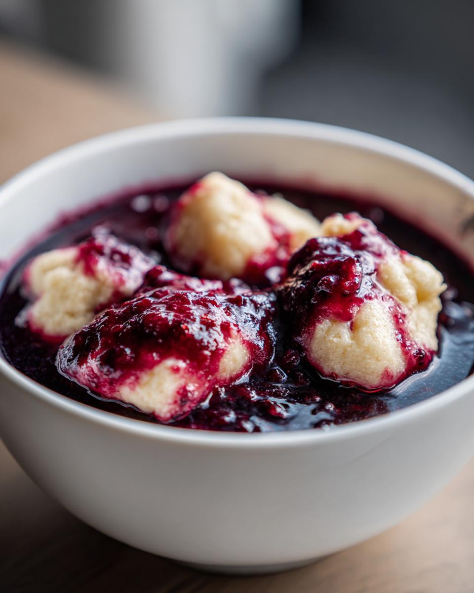 Close-up of fluffy dumplings submerged in a rich, dark purple sauce of Amazing Blackberry Dumplings.