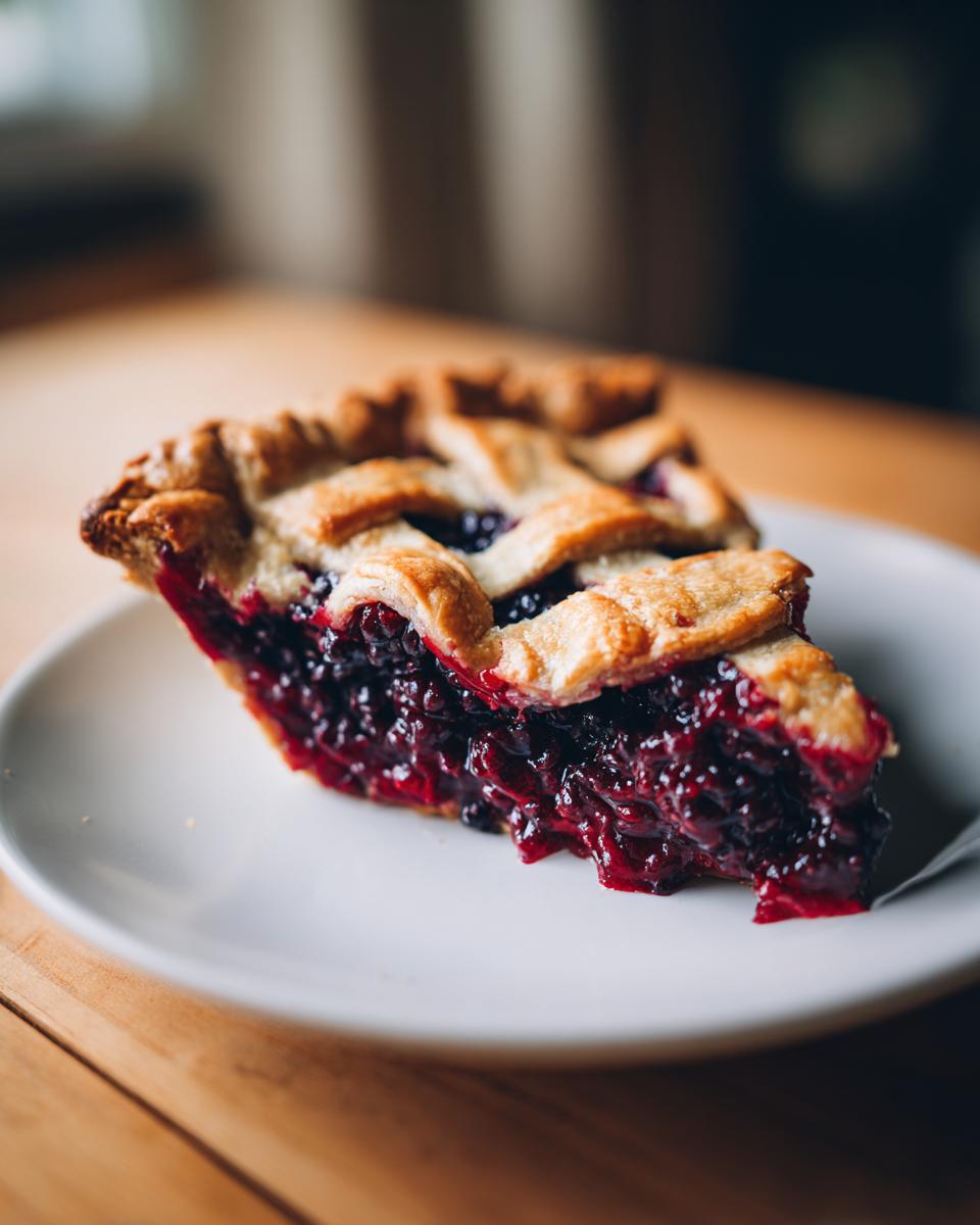 Close-up of a juicy slice of blackberry pie with a golden lattice crust served on a white plate.