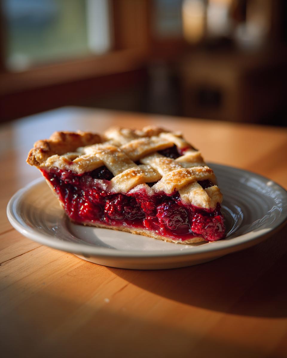 A perfect slice of juicy blackberry pie featuring a golden lattice crust sprinkled with sugar.