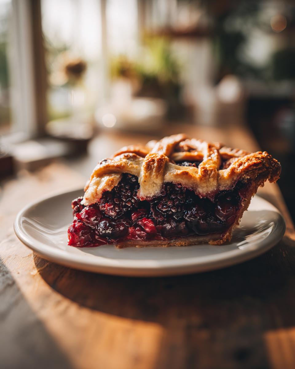 A close-up of a thick slice of amazing blackberry pie featuring a juicy, dark berry filling and a golden lattice crust.