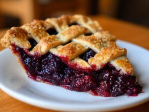 A close-up of a juicy slice of blackberry pie featuring a thick, dark berry filling and a golden lattice crust.