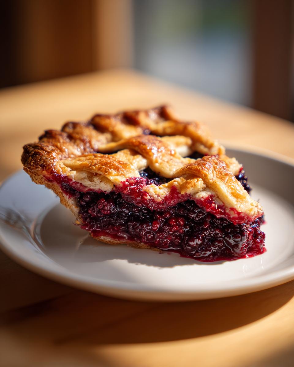 A close-up of a thick slice of amazing blackberry pie showing a juicy, dark berry filling and golden lattice crust.