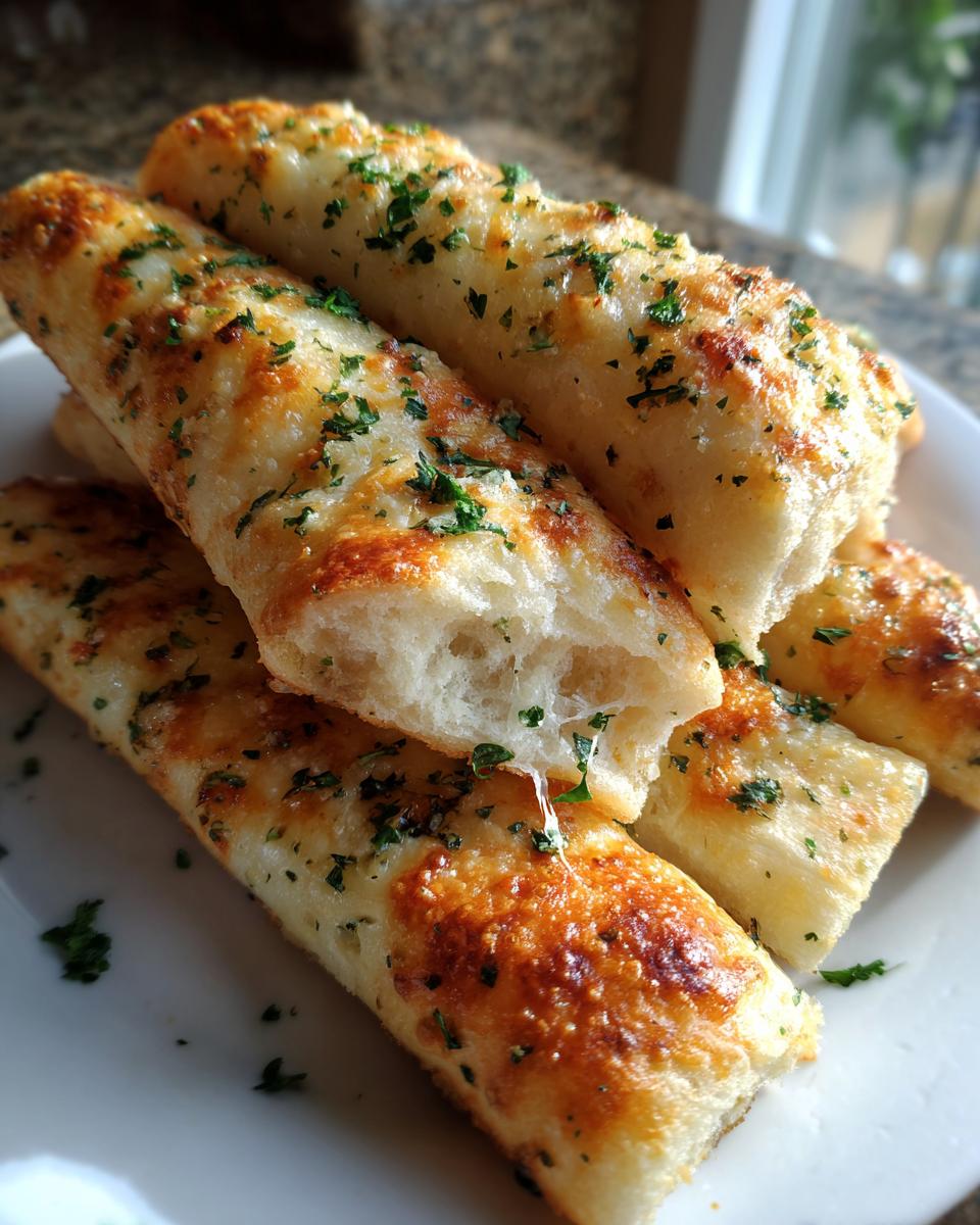 Close-up of several golden brown, cheesy breadsticks topped with chopped parsley, one broken open showing soft interior.