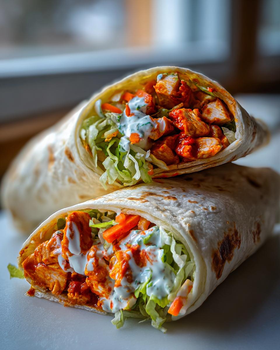 Two halves of a delicious buffalo chicken wrap, filled with spicy chicken, shredded lettuce, carrots, and drizzled with ranch sauce.