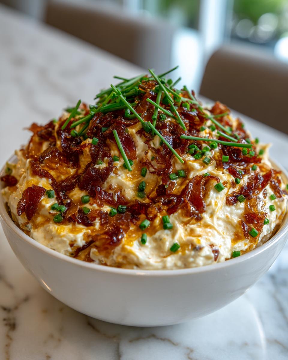 A creamy bowl of caramelized onion dip topped generously with dark caramelized onions and fresh green chives.