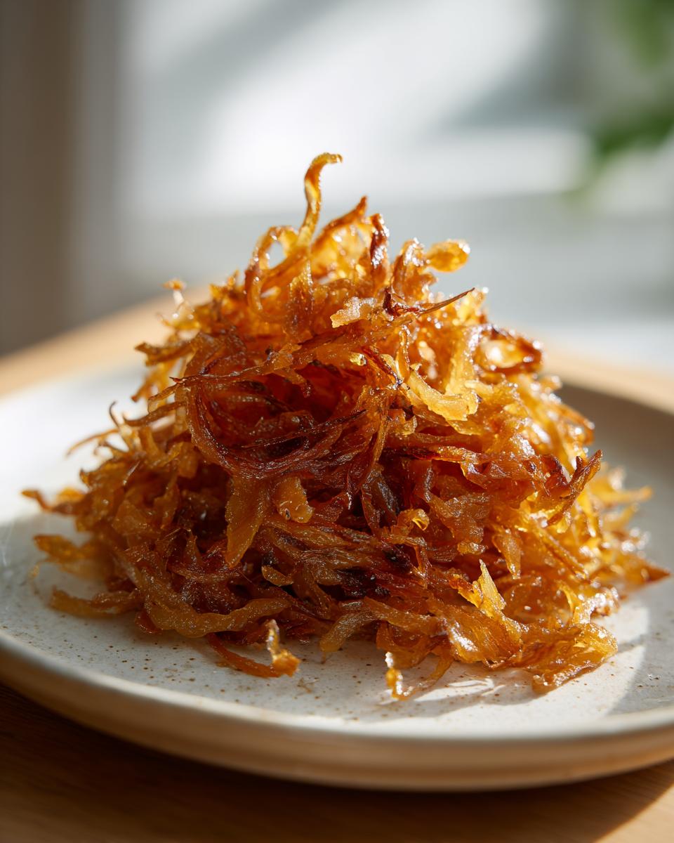 A mound of deeply golden brown, glossy caramelized onions piled high on a speckled white plate.
