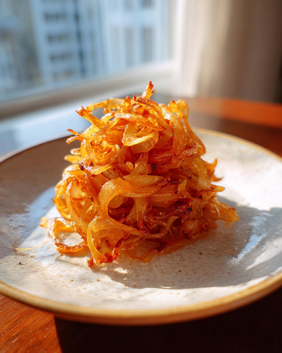 A golden brown pile of perfectly caramelized onions served on a textured, light-colored plate.