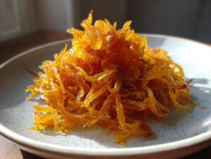 A close-up, sunlit mound of deeply golden brown caramelized onions on a speckled ceramic plate.