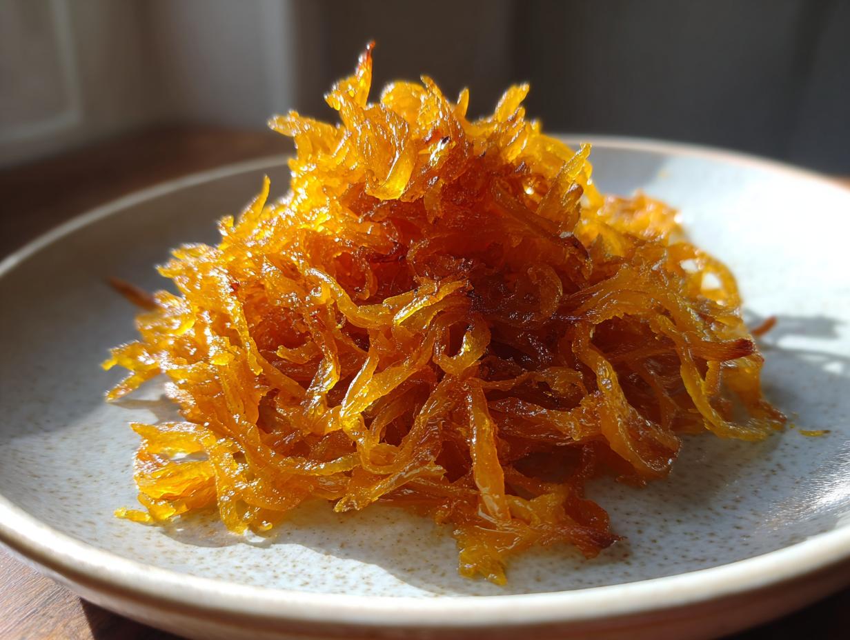 A close-up, sunlit mound of deeply golden brown caramelized onions on a speckled ceramic plate.