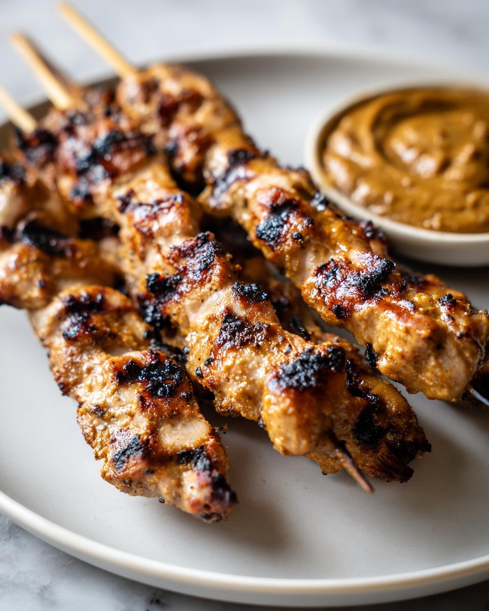 Close-up of grilled chicken satay skewers with visible char marks, served next to a small bowl of peanut sauce.