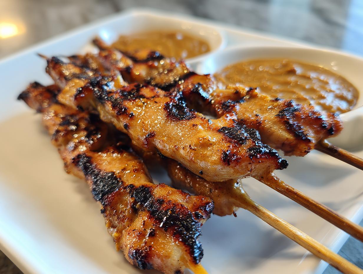 Close-up of grilled chicken satay skewers with visible char marks, served on a white plate with peanut dipping sauce.