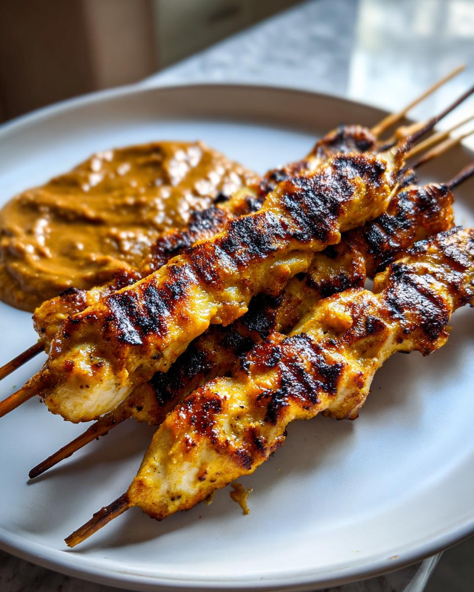 Close-up of perfectly grilled chicken satay skewers served with a side of creamy peanut sauce on a white plate.