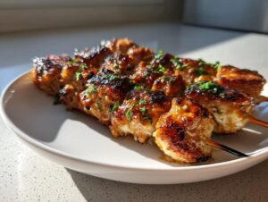 Close-up of four glazed and grilled chicken skewers resting on a white plate, sprinkled with fresh parsley.