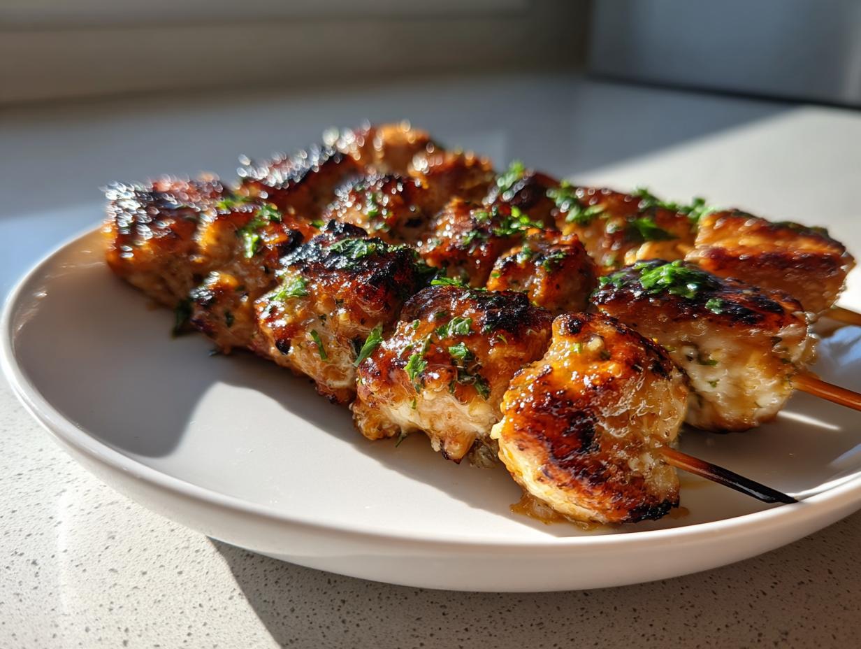 Close-up of four glazed and grilled chicken skewers resting on a white plate, sprinkled with fresh parsley.