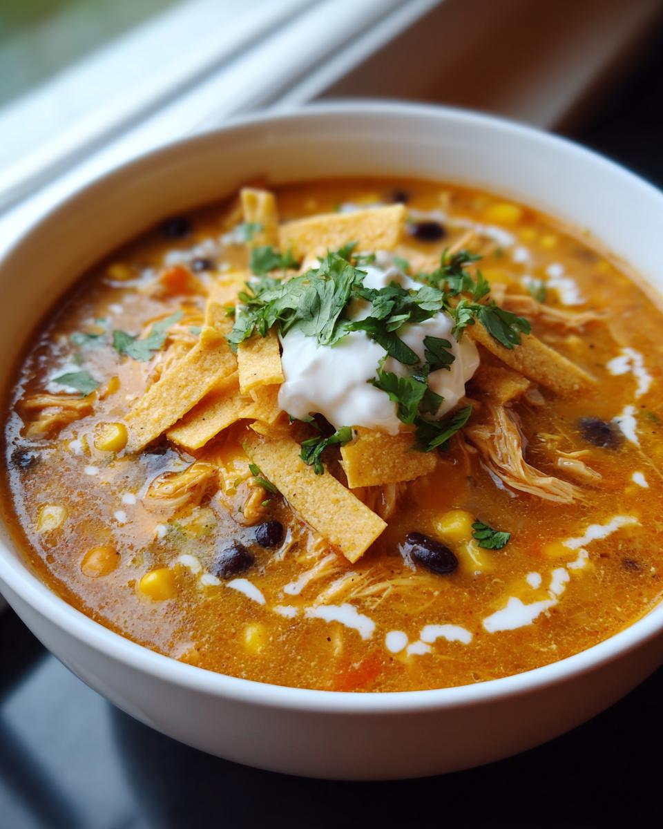 Close-up of a bowl of rich, orange chicken tortilla soup topped with tortilla strips, sour cream, and cilantro.