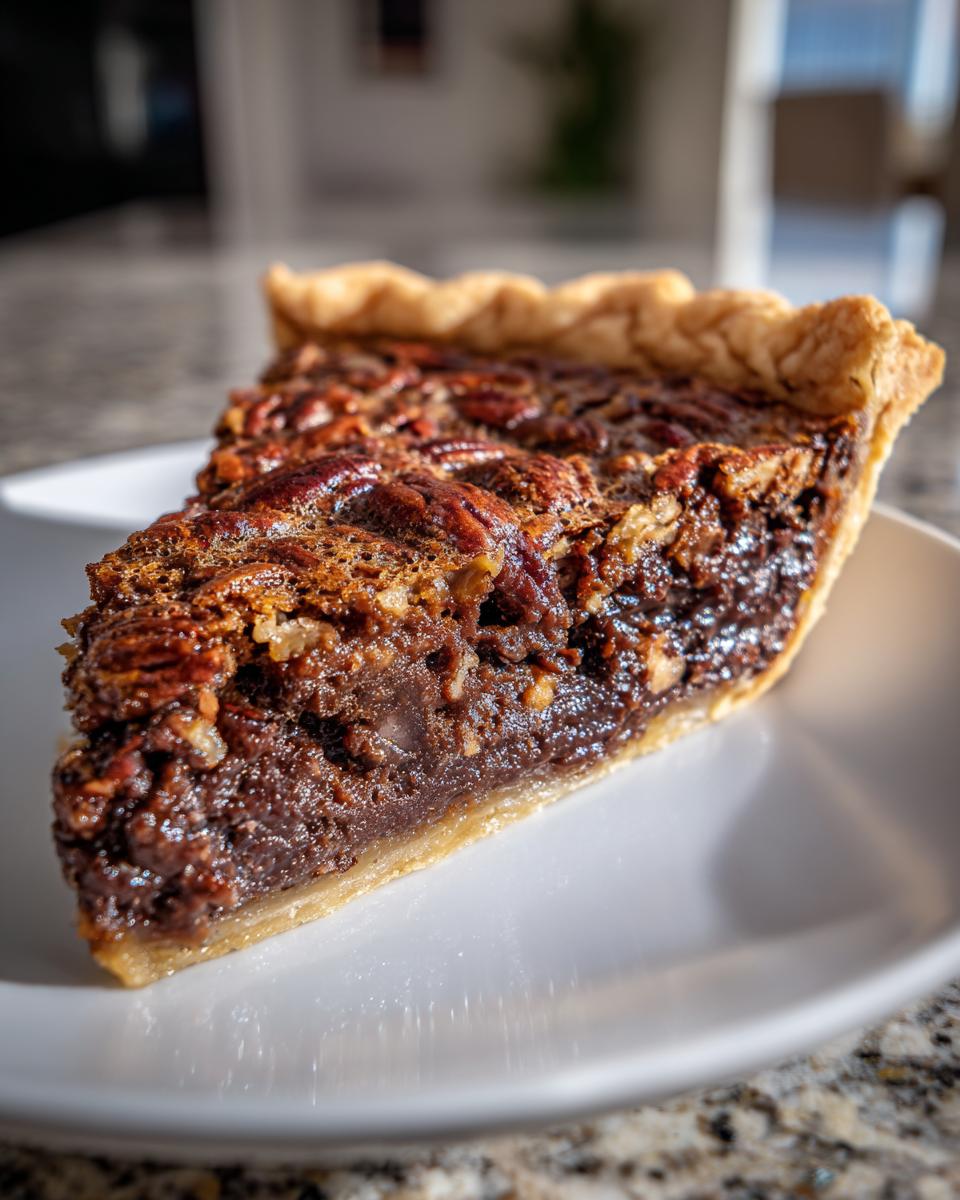 A close-up side view of a rich slice of chocolate pecan pie resting on a white plate.