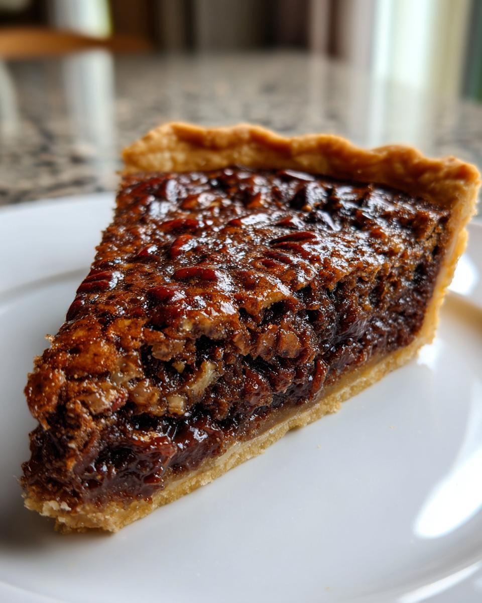 Close-up of a rich, gooey slice of chocolate pecan pie showing the crust and glossy pecan topping.