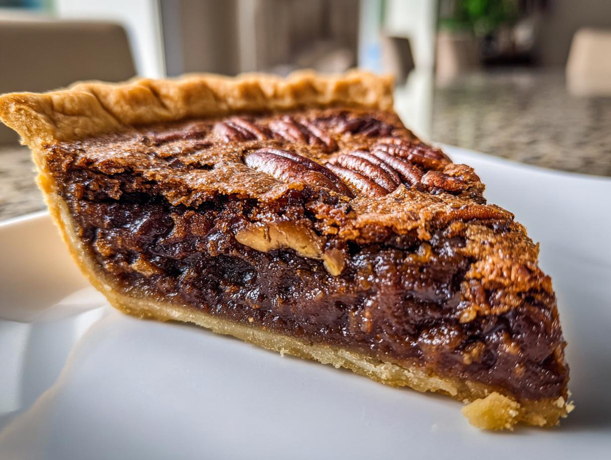 Close-up of a rich, gooey slice of chocolate pecan pie with a flaky crust, topped with pecans.