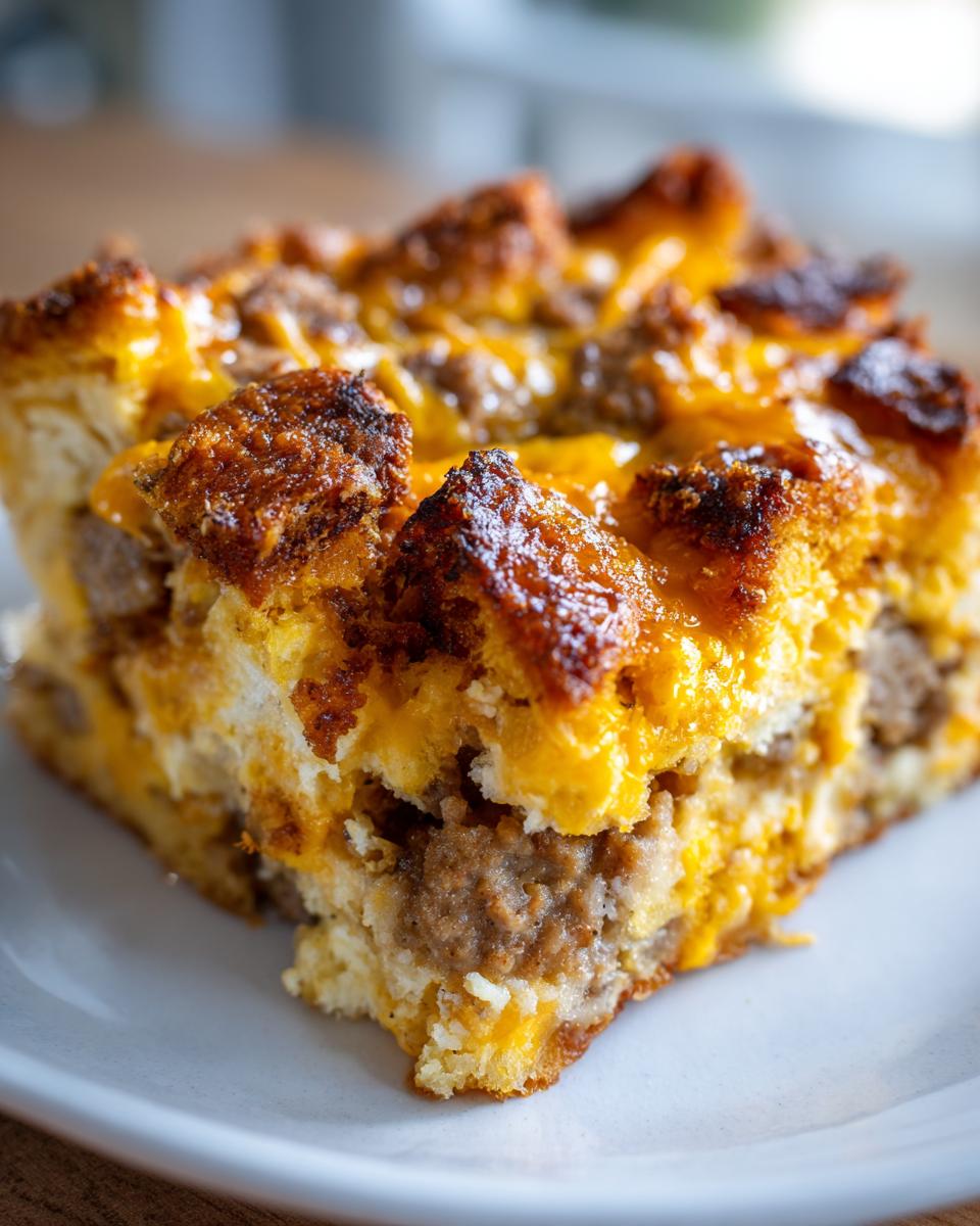 Close-up of a square slice of cheesy Christmas breakfast casserole with sausage and browned bread topping.