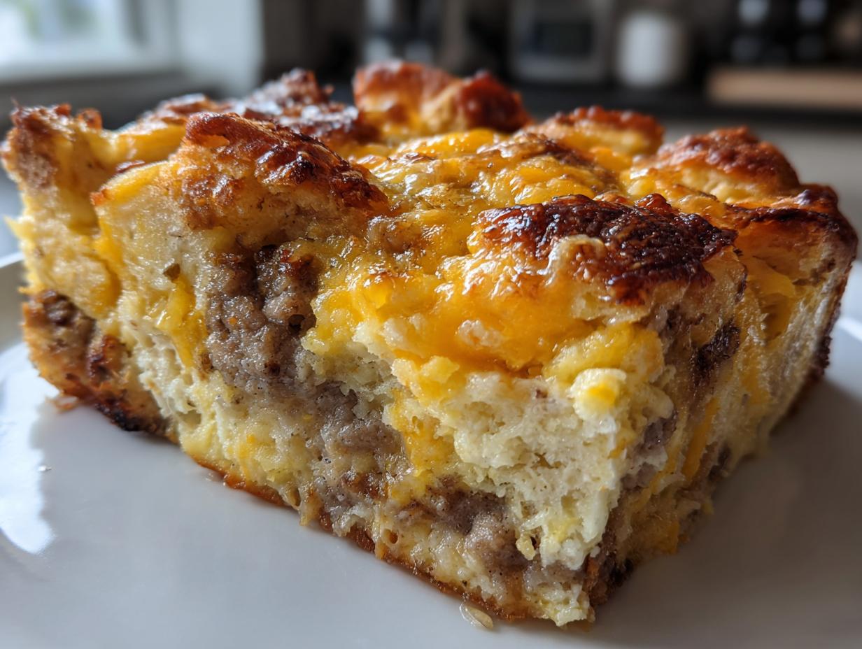 Close-up of a golden brown slice of Christmas breakfast casserole with visible sausage and melted cheddar cheese.