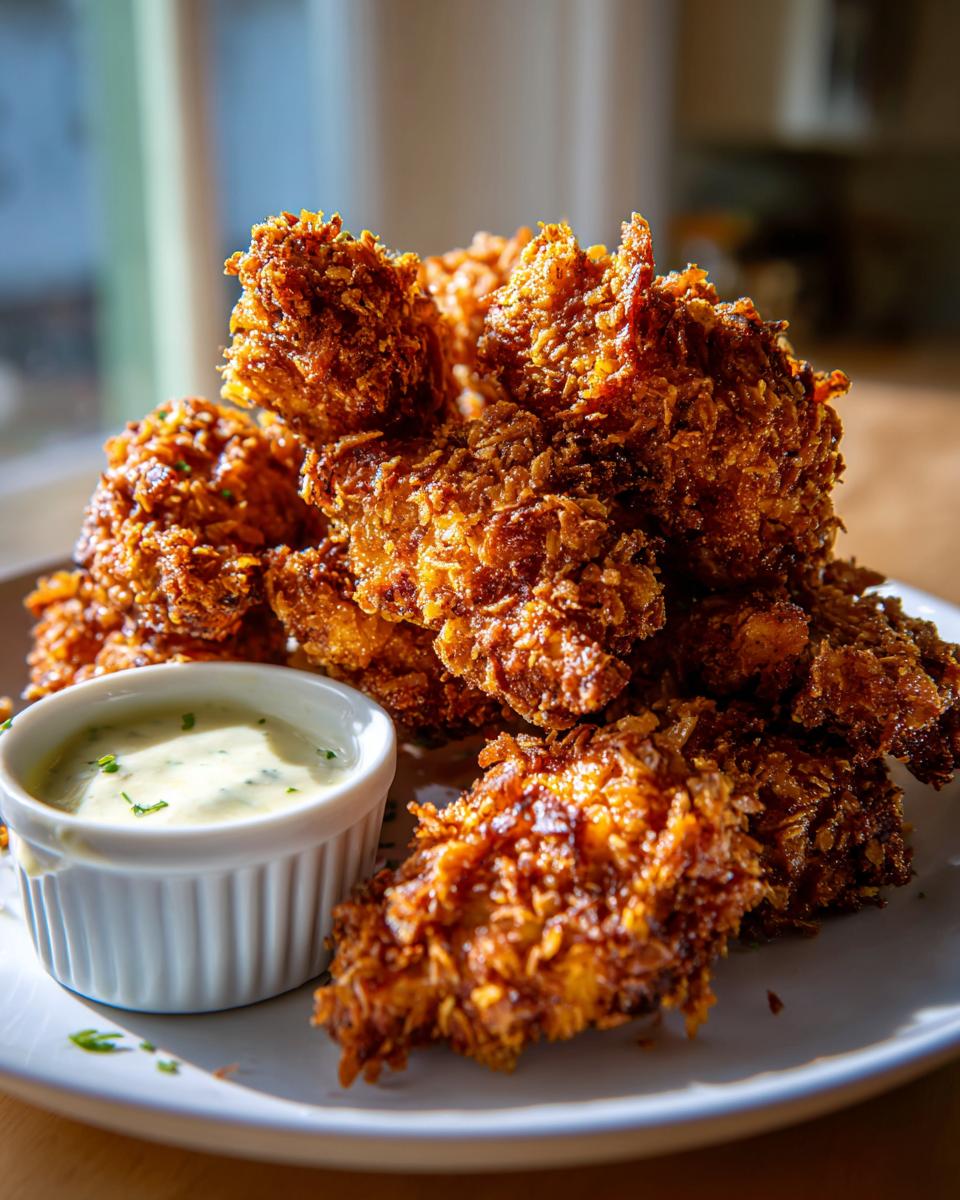 A pile of golden brown, crispy coconut chicken pieces served with a small ramekin of creamy dipping sauce.